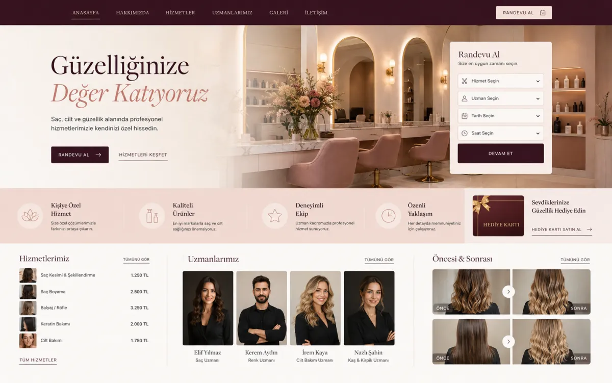 Güzellik & Kuaför Salonu Sitesi arayüz önizlemesi
